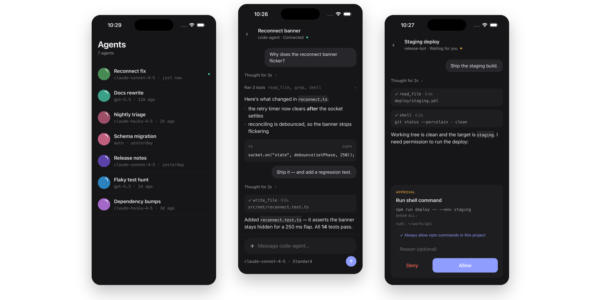 Three screens from an Expo app built with the Agents SDK: an agent list, a streamed coding turn, and a tool approval prompt.